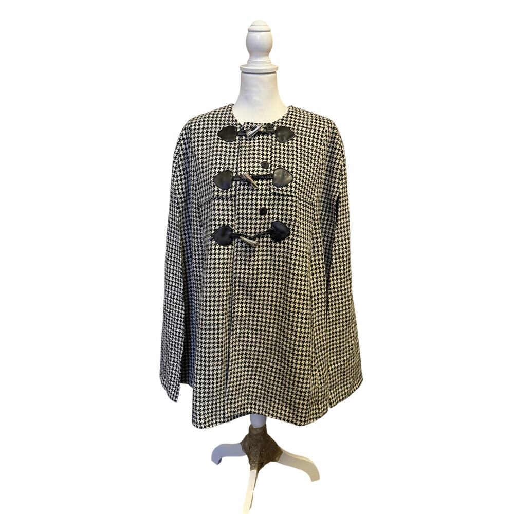 focus 2000 wool blend houndstooth cape coat womens Med. toggle black and white